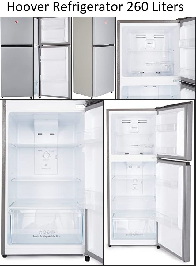 Hoover Refrigerator 260 Liters Gross Double Door, Top Mount Fridge & Freezer 2 Doors, Total No Frost