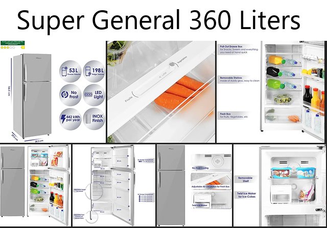 Super General 360 Liters Gross Compact Double Door Refrigerator-Freezer, No-Frost, LED-light, Inox